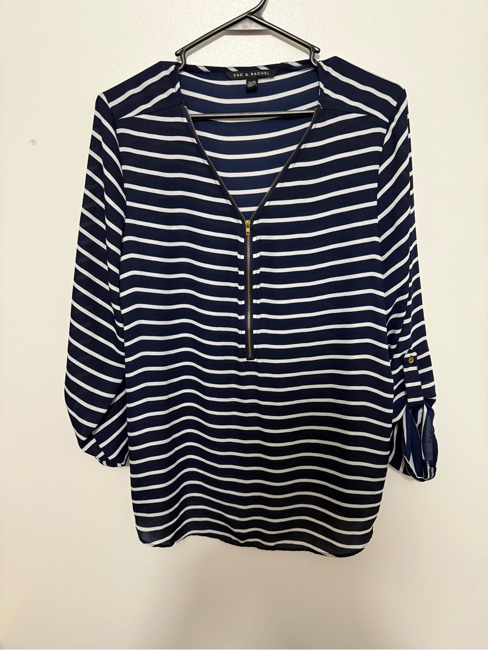 Zac & Rachel Navy and White Striped Zip Front Blouse
